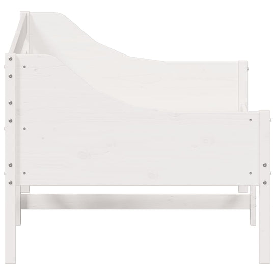 Day bed without mattress in white solid pine wood, versatile for bedroom or living room use, showcasing a rustic design.