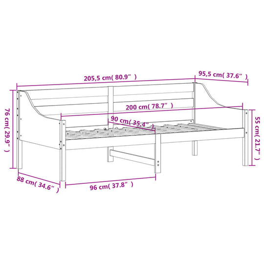 Dimensions diagram of a white solid wood pine day bed 90x200 cm, suitable for bedroom or lounge use.