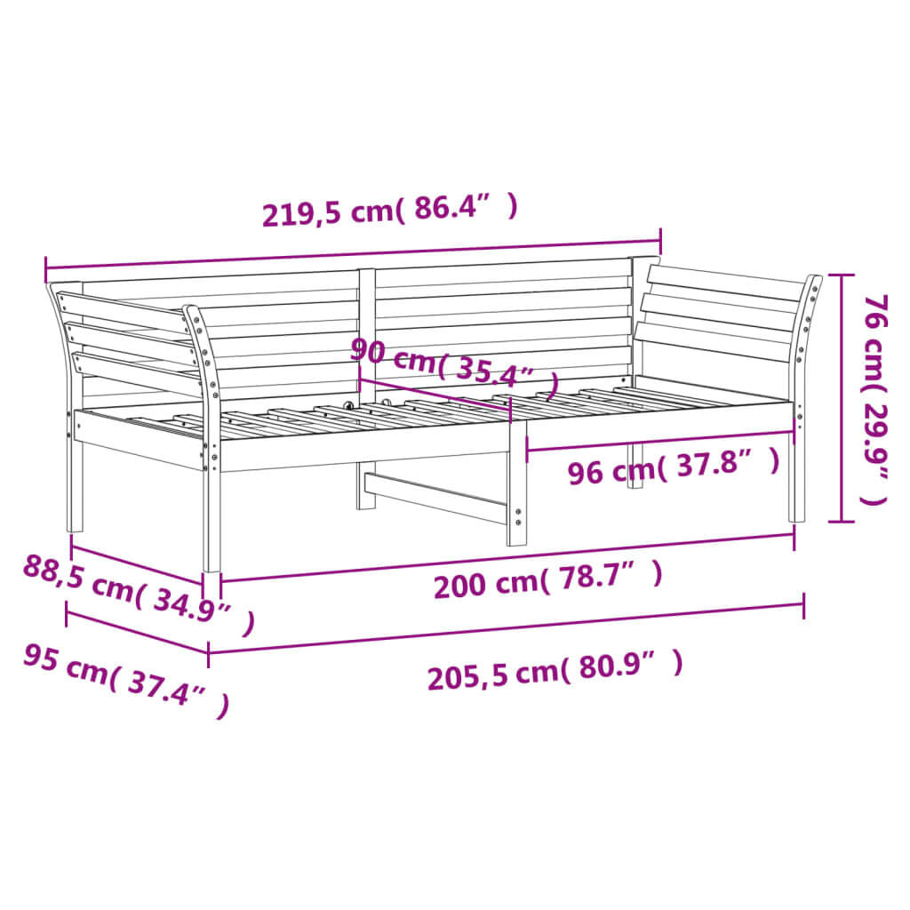 Diagram of a solid wood pine day bed dimensions 90x200 cm, showcasing design and measurements for furniture layout.