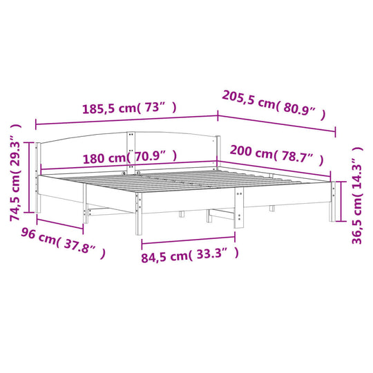 Dimensions of a white solid wood bed frame without mattress, measuring 180x200 cm, showcasing its length, width, and height.