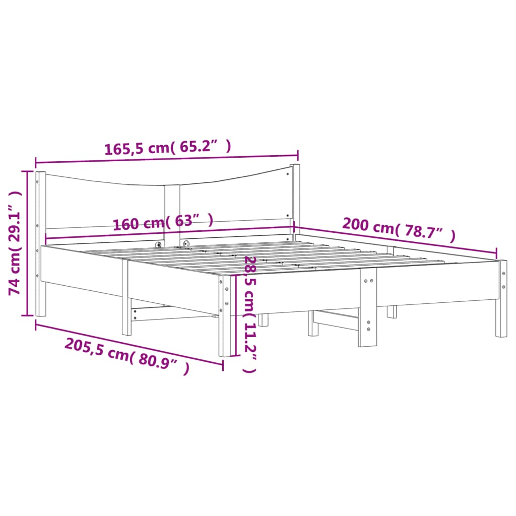 Dimensions of a white solid wood bed frame 160x200 cm, showing height, width, and length specifications for optimal fitting.