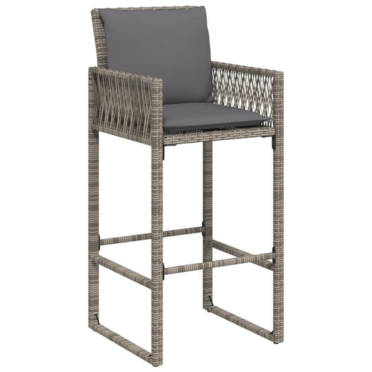 Garden bar stool with grey poly rattan and cushion, perfect outdoor furniture for lounging and relaxation.