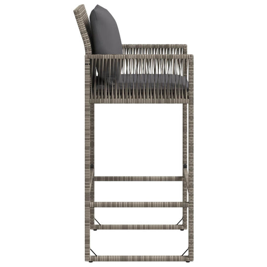 Garden bar stool with grey cushions, made of durable poly rattan, perfect for outdoor relaxation and lounge settings.