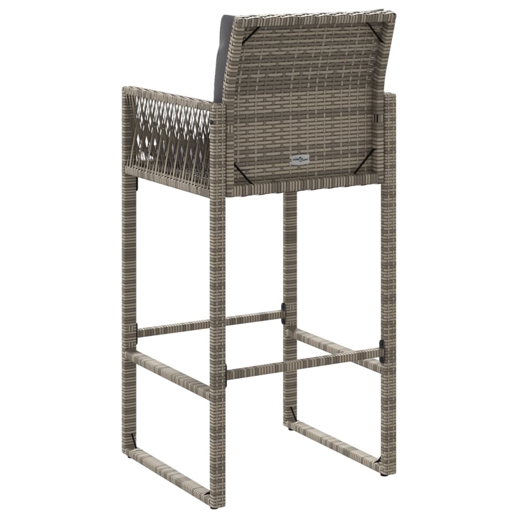 Garden bar stool with grey poly rattan, featuring armrests and backrest for outdoor lounge comfort. Perfect outdoor furniture.