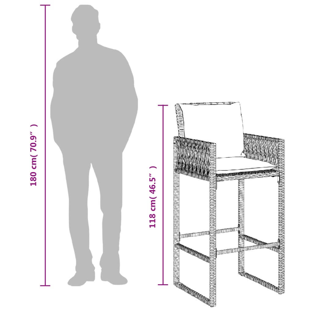 Dimensions of grey poly rattan garden bar stool with cushions, suitable for outdoor furniture.