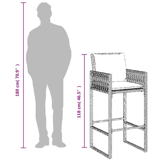 Dimensions of grey poly rattan garden bar stool with cushions, suitable for outdoor furniture.