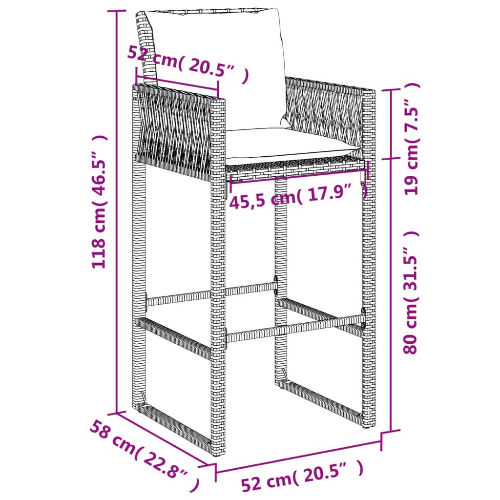 Dimensions of grey poly rattan garden bar stool with cushions, height 118 cm, width 58 cm, depth 52 cm, armrest height 80 cm.