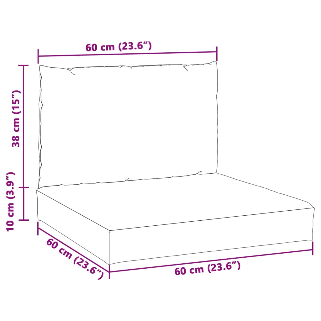 Dimensions of melange cream pallet cushions: 60 cm x 60 cm seat, 38 cm back height, ideal for outdoor furniture and lounge spaces.