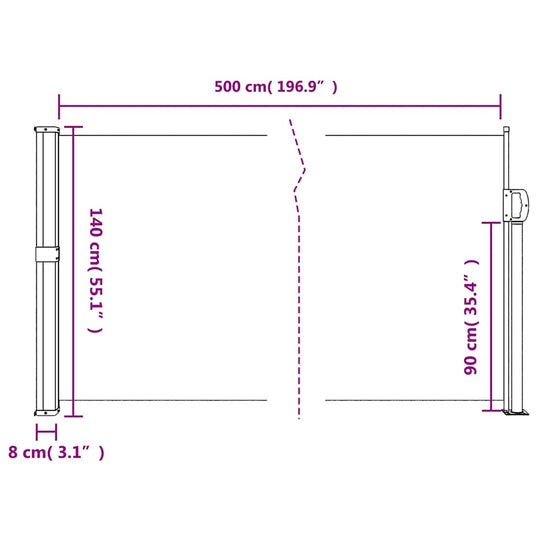 Dimensions of retractable side awning: 140x500 cm, showing height, width, and retractable features for outdoor use.