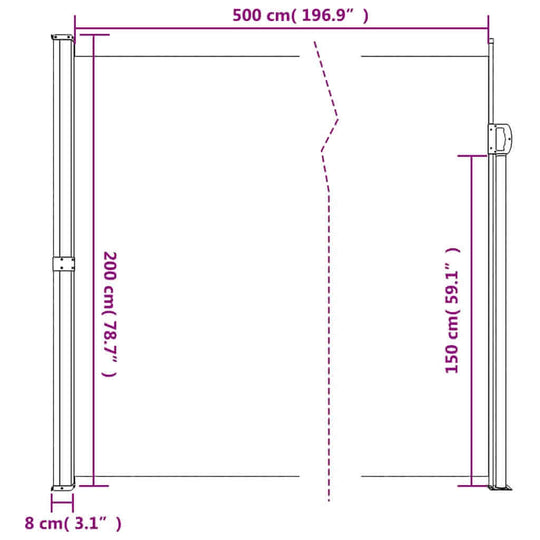 Diagram of Retractable Side Awning 200x500 cm showing dimensions and design features.