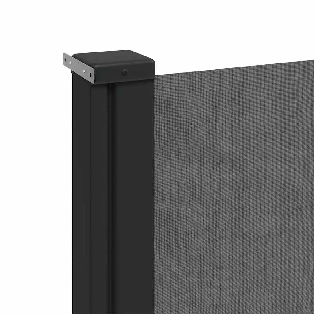 Retractable side awning mechanism in anthracite color, showcasing durable polyester fabric for outdoor privacy and protection.