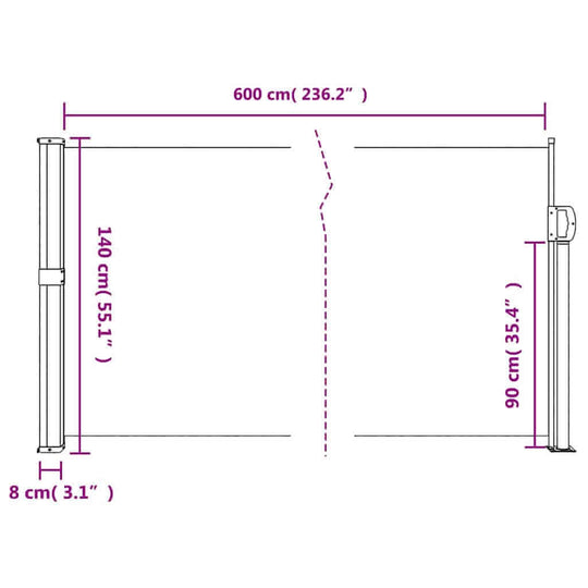 Dimensions of retractable side awning: 600 cm wide, 140 cm high, 90 cm tall when open, with 8 cm side post measurement.