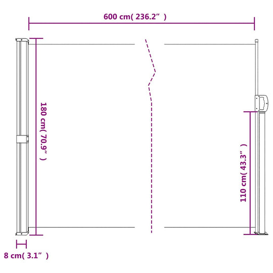 Diagram showing dimensions of Retractable Side Awning 180x600 cm with measurements in centimeters and inches