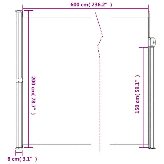 Dimensions of Retractable Side Awning 200x600 cm showing height and width measurements for optimal installation.