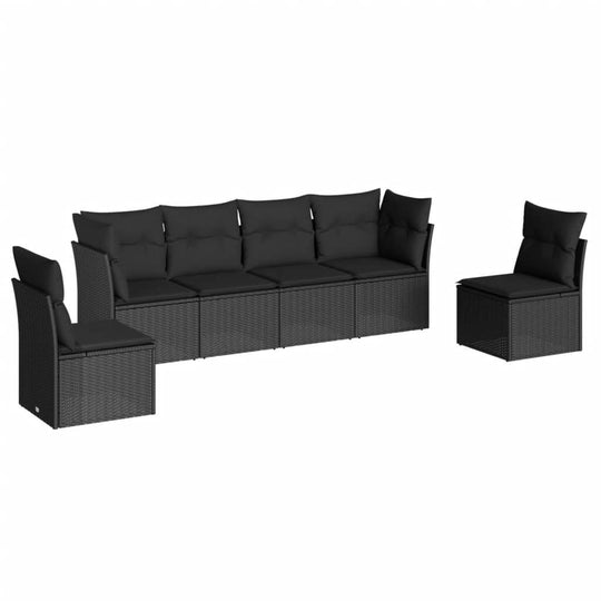 6 Piece Garden Sofa Set with Cushions Poly Rattan in black, featuring durable and stylish seating for outdoor spaces like patios and terraces.