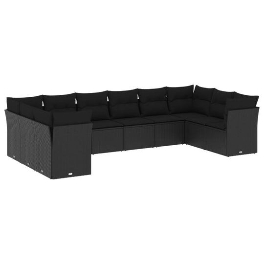 10 Piece Garden Sofa Set with Cushions Poly Rattan in a modern black design for outdoor relaxation.