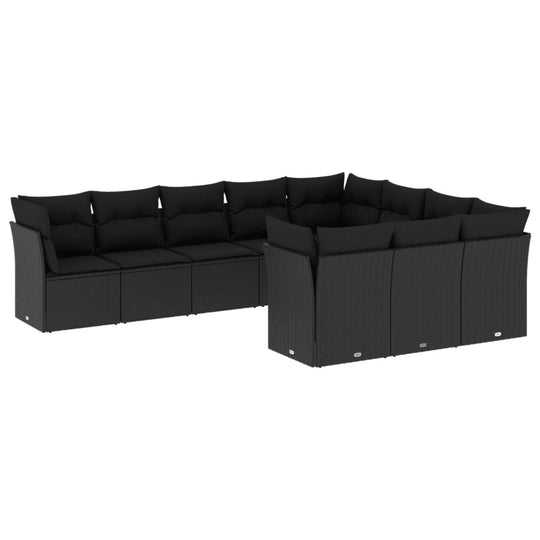10 Piece Garden Sofa Set with Cushions Poly Rattan in black, perfect for outdoor relaxation.