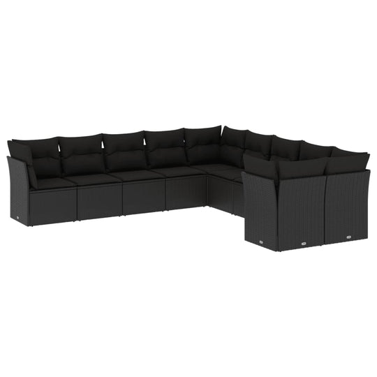 10 Piece Garden Sofa Set with Cushions Poly Rattan in modern black design for outdoor relaxation.