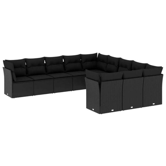 11 Piece Garden Sofa Set with Cushions Poly Rattan in black, perfect for outdoor relaxation.