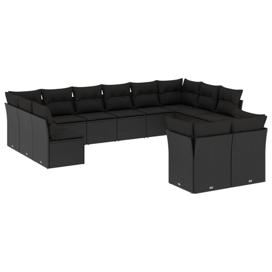 12 Piece Garden Sofa Set with Cushions  Poly Rattan in black, ideal for outdoor relaxation and gatherings.