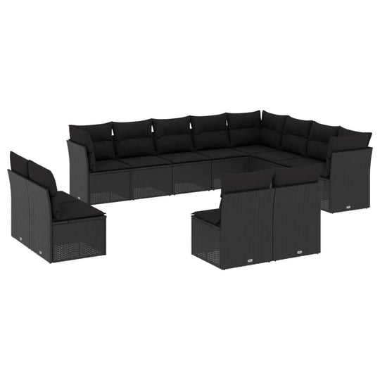 12 Piece Garden Sofa Set with Cushions Poly Rattan in stylish black design for outdoor relaxation.