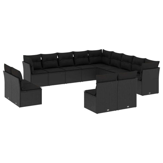 13 Piece Garden Sofa Set with Cushions Poly Rattan in black color, ideal for outdoor relaxation and entertaining.
