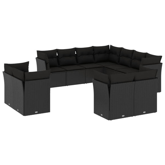 11 Piece Garden Sofa Set with Cushions Poly Rattan in black, ideal for outdoor relaxation and gatherings.