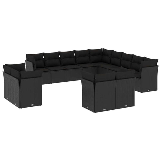 13 Piece Garden Sofa Set with Cushions Poly Rattan in black, perfect for outdoor relaxation and gatherings.