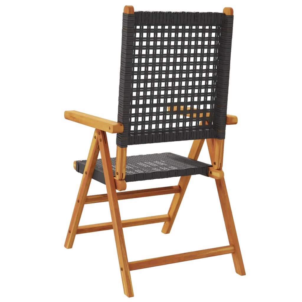 Reclining garden chair with black poly rattan and solid acacia wood frame, perfect for outdoor relaxation and lounging.