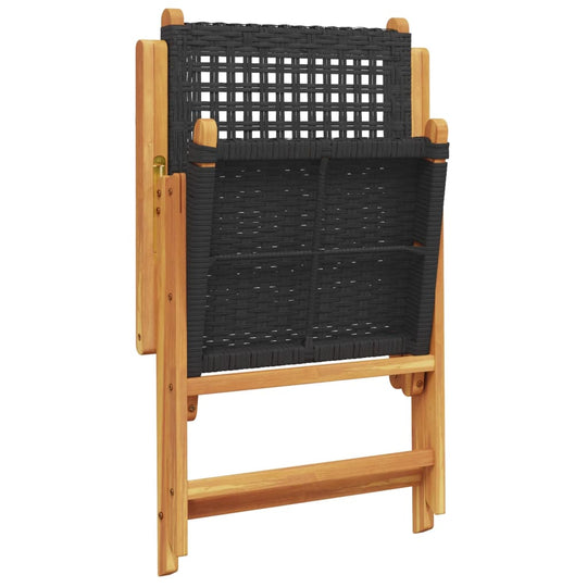 Folding reclining garden chair in black poly rattan with solid acacia wood frame, perfect for outdoor relaxation.