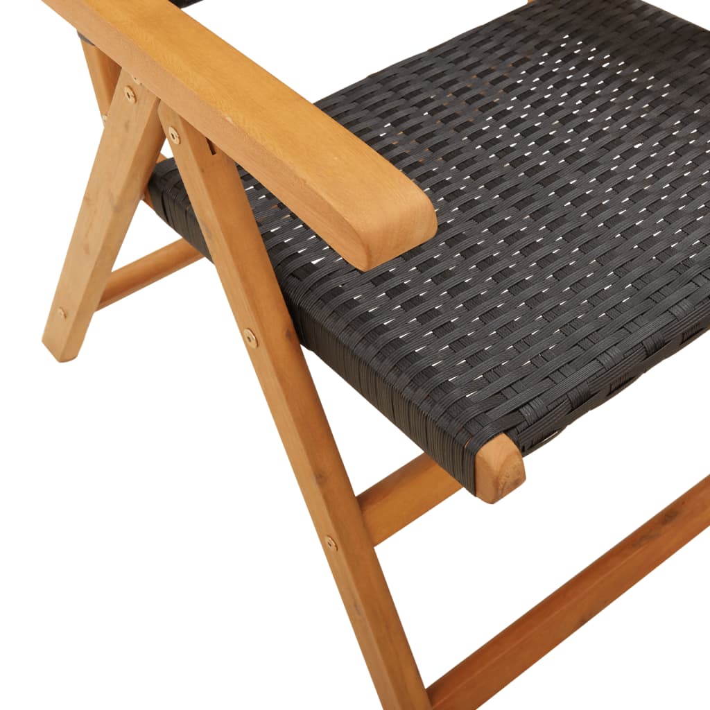 Reclining garden chair with black poly rattan seat and solid acacia wood frame, perfect for outdoor relaxation.