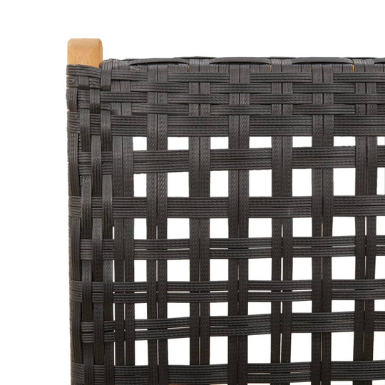 Close-up of black poly rattan weave and solid wood top of a reclining garden chair, showcasing durability and style.