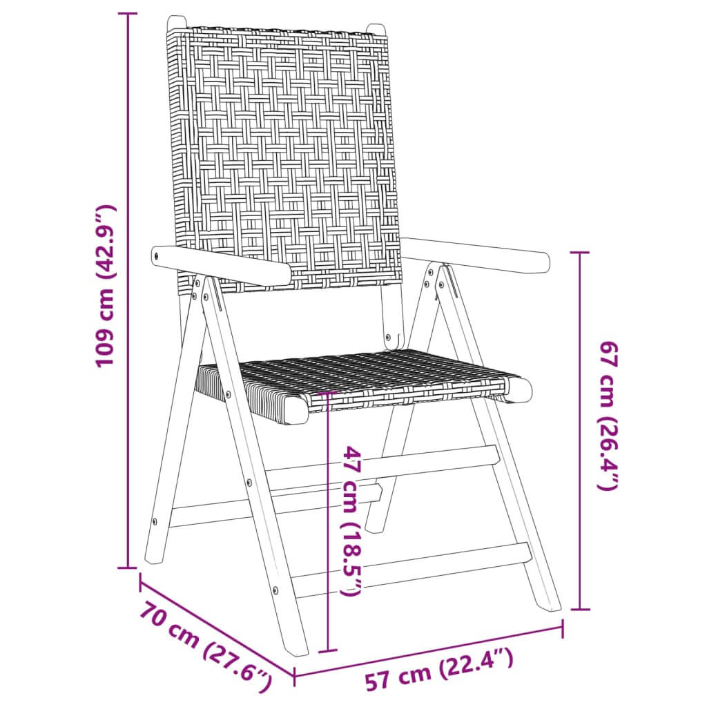 Dimensions of reclining garden chair made of black poly rattan and solid acacia wood, showing height, width, and seat depth.