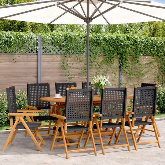 Set of 8 reclining garden chairs and a wooden table under an umbrella in an outdoor setting, perfect for relaxation and outdoor furniture.