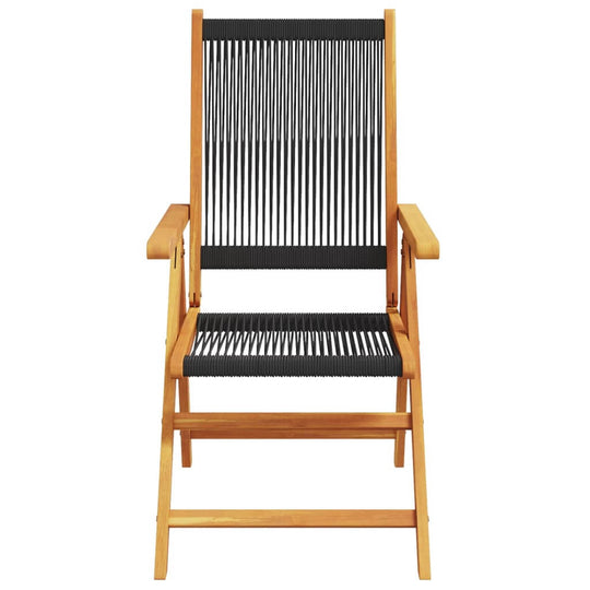 Comfortable reclining garden chair made of solid acacia wood with a sleek black fabric seat, ideal for outdoor lounging.