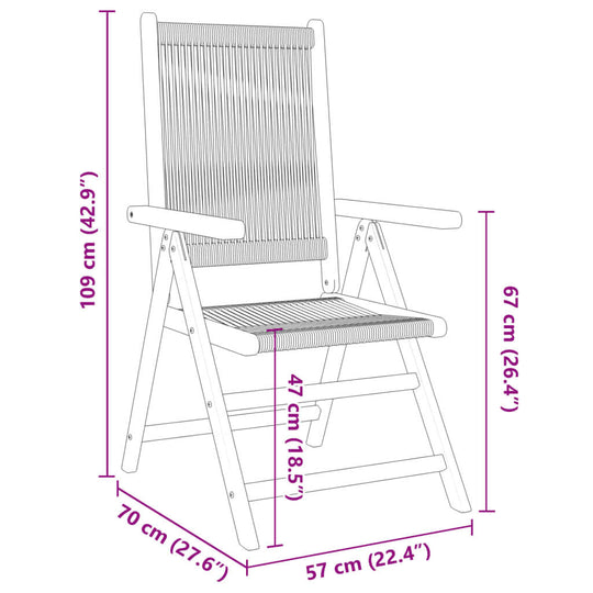 Dimensions of a reclining garden chair in solid acacia wood, showcasing its stability and comfort for outdoor furniture use.