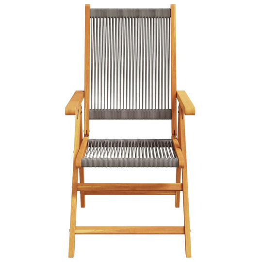 Reclining garden chair in grey and solid acacia wood, perfect for outdoor lounging and relaxation.