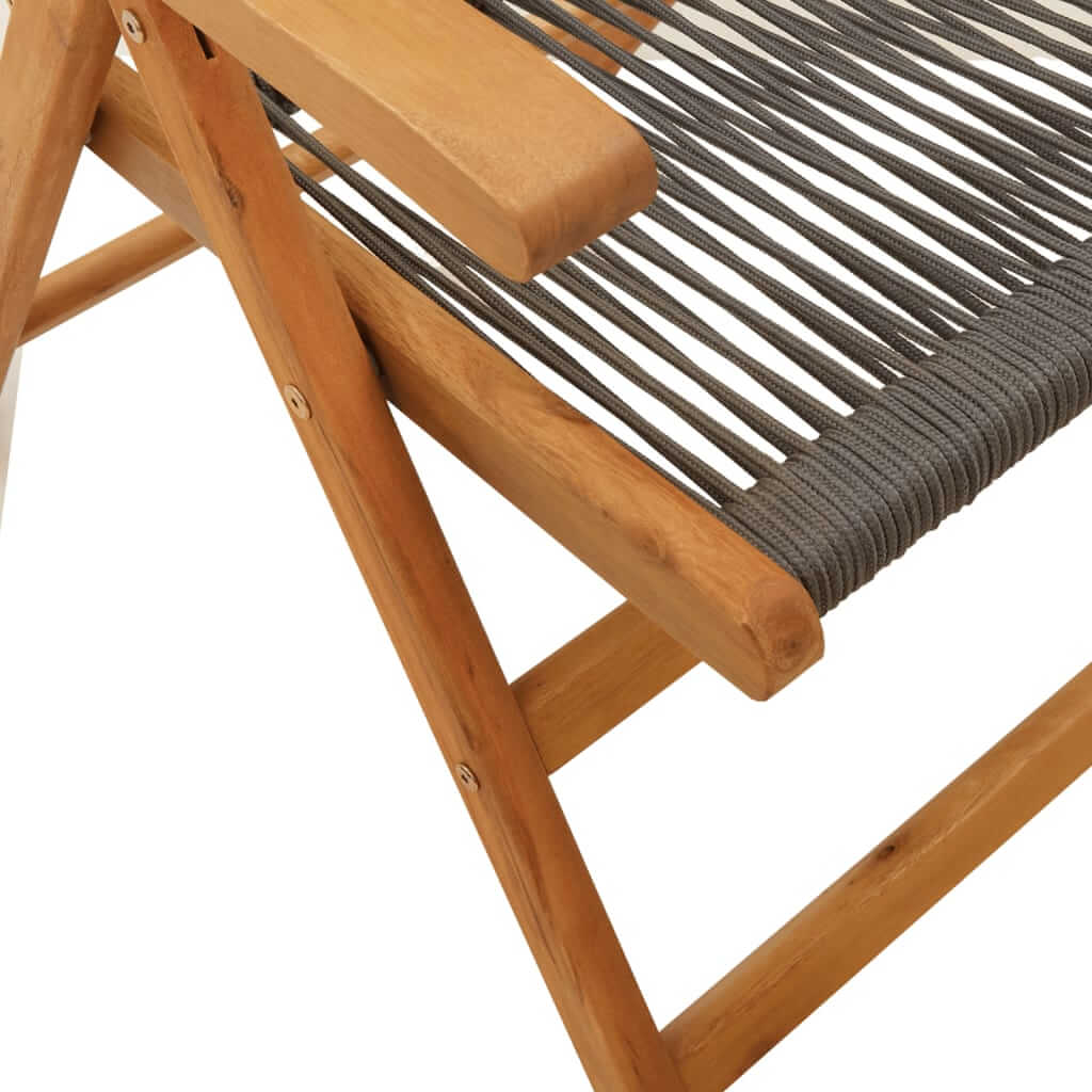 Close-up of a grey woven reclining garden chair with solid acacia wood frame, showcasing its sturdy construction and design.