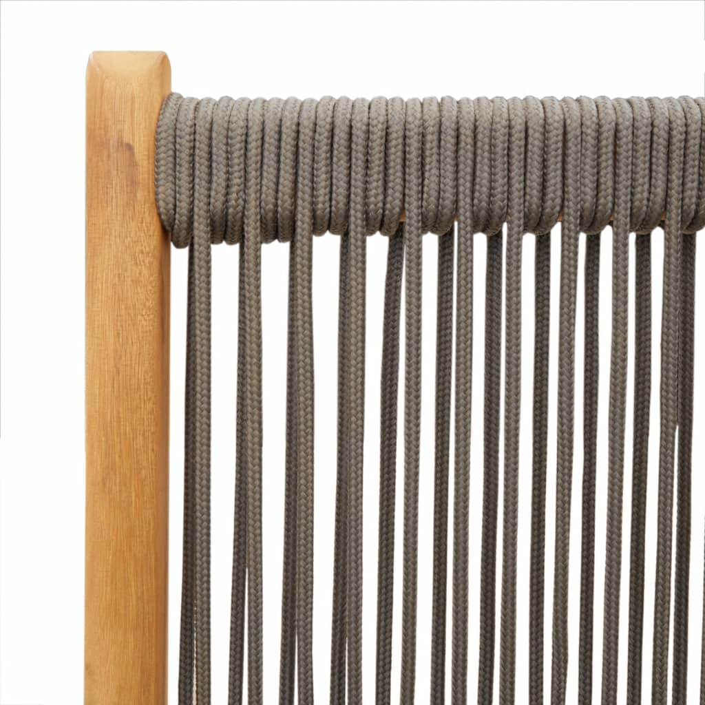 Close-up of a grey rope detail on a solid wood frame, showcasing craftsmanship for outdoor furniture design.