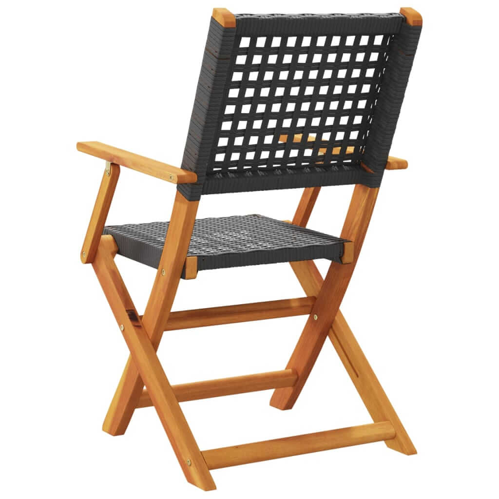 Folding garden chair with black poly rattan seat and solid acacia wood frame, ideal for outdoor lounge furniture.