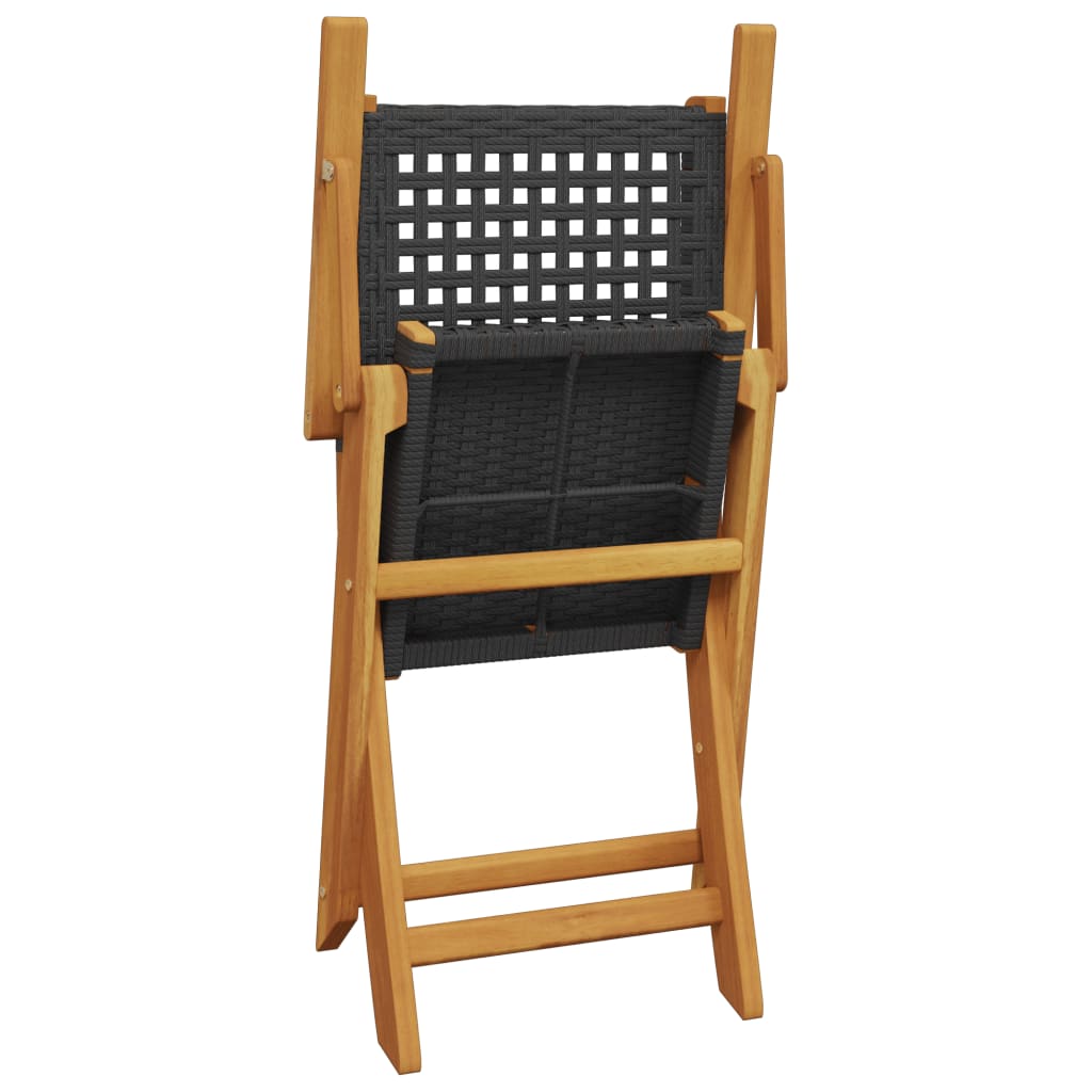 Folding black poly rattan garden chair with solid wood frame, ideal for outdoor furniture and lounge settings.