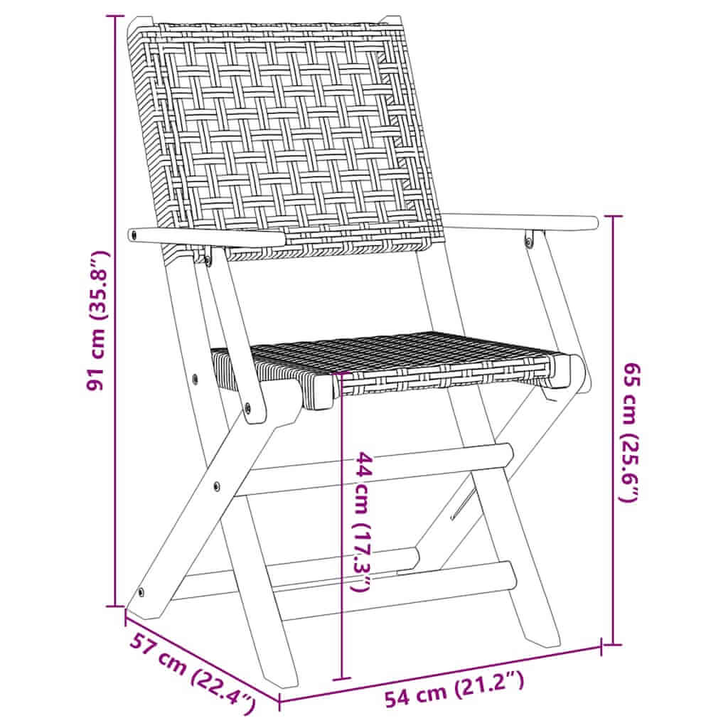 Folding garden chair dimensions: 91cm height, 54cm width, 65cm depth, made of black poly rattan and solid wood.