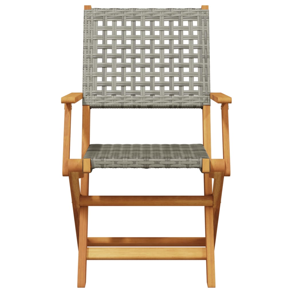 Folding garden chair with grey poly rattan seat and back, solid acacia wood frame, perfect for outdoor lounge furniture.