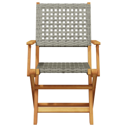 Folding garden chair with grey poly rattan seat and back, solid acacia wood frame, perfect for outdoor lounge furniture.