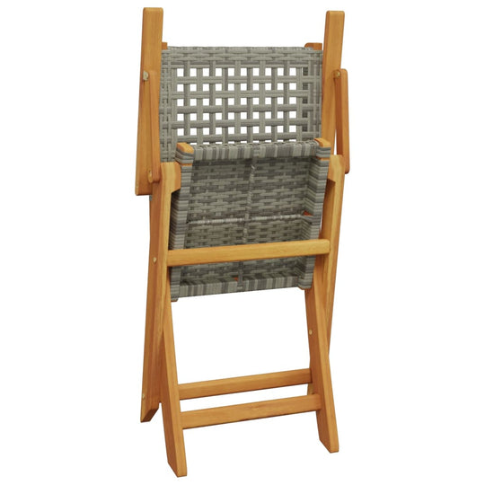 Folding garden chair in grey poly rattan with solid acacia wood frame, ideal for outdoor furniture and relaxation.