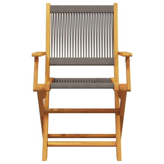 Folding garden chair in solid acacia wood with grey seat, ideal for outdoor furniture and relaxation.