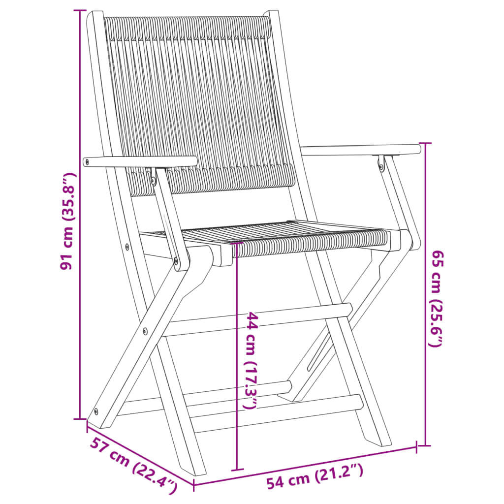 Dimensions and design sketch of a folding garden chair in grey solid acacia wood, measuring 91cm tall and 57cm wide.