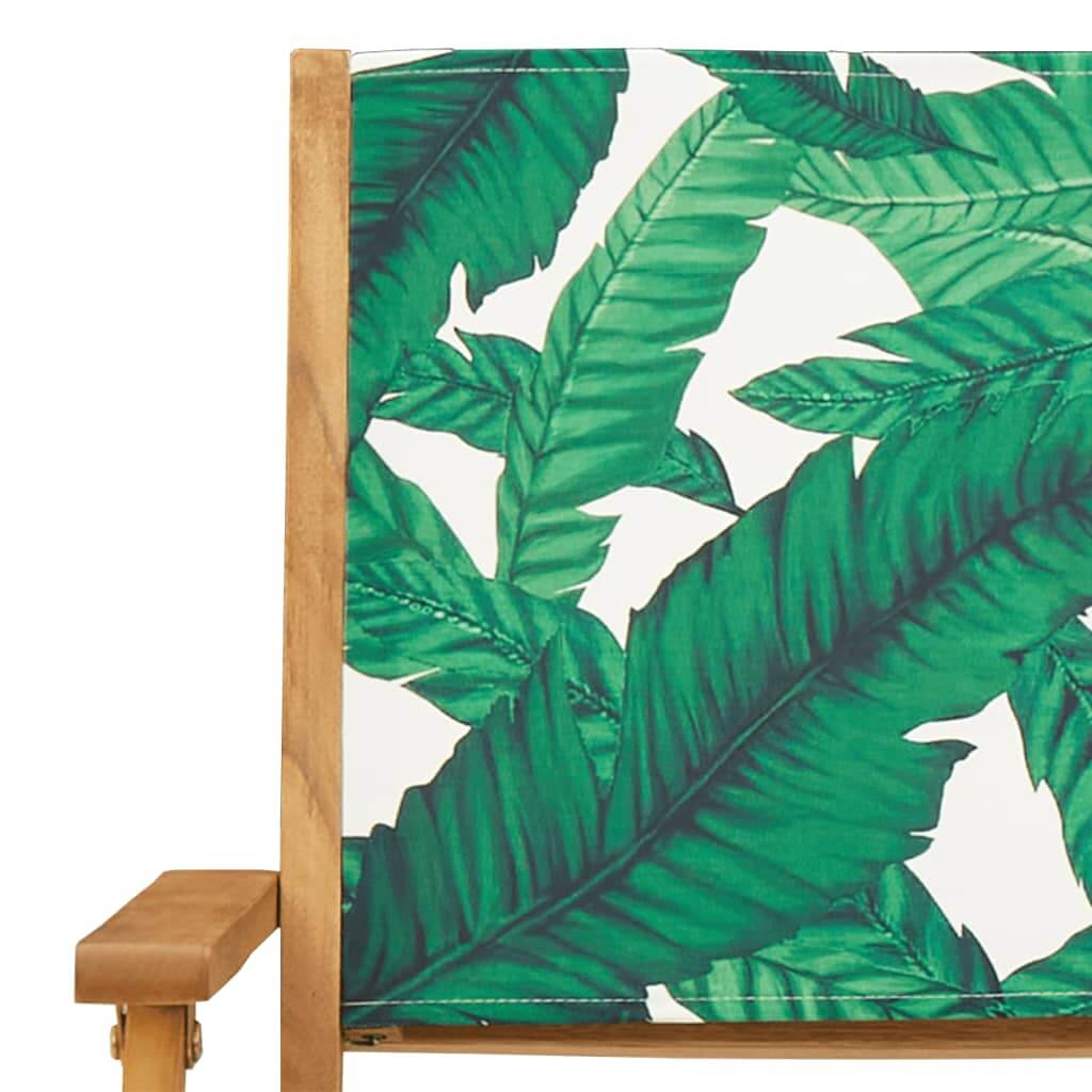 Folding garden chair with green leaf fabric and solid wood frame, perfect for outdoor relaxation and style.