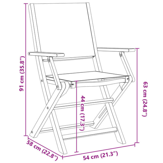 Folding garden chair dimensions in cm: 91x58x63 height, width, depth, with seat height 44 cm and armrest height 22.8 inches.