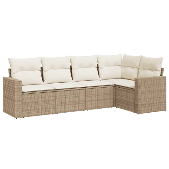 5 Piece Garden Sofa Set with Cushions Poly Rattan in stylish beige with comfortable pillows for outdoor relaxation.
